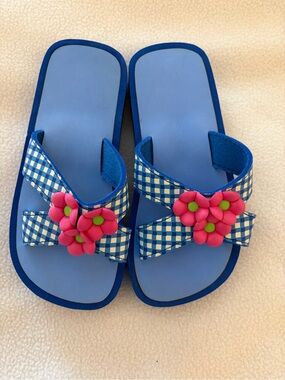 Blue & White Gingham Sandals with Pink Flowers
